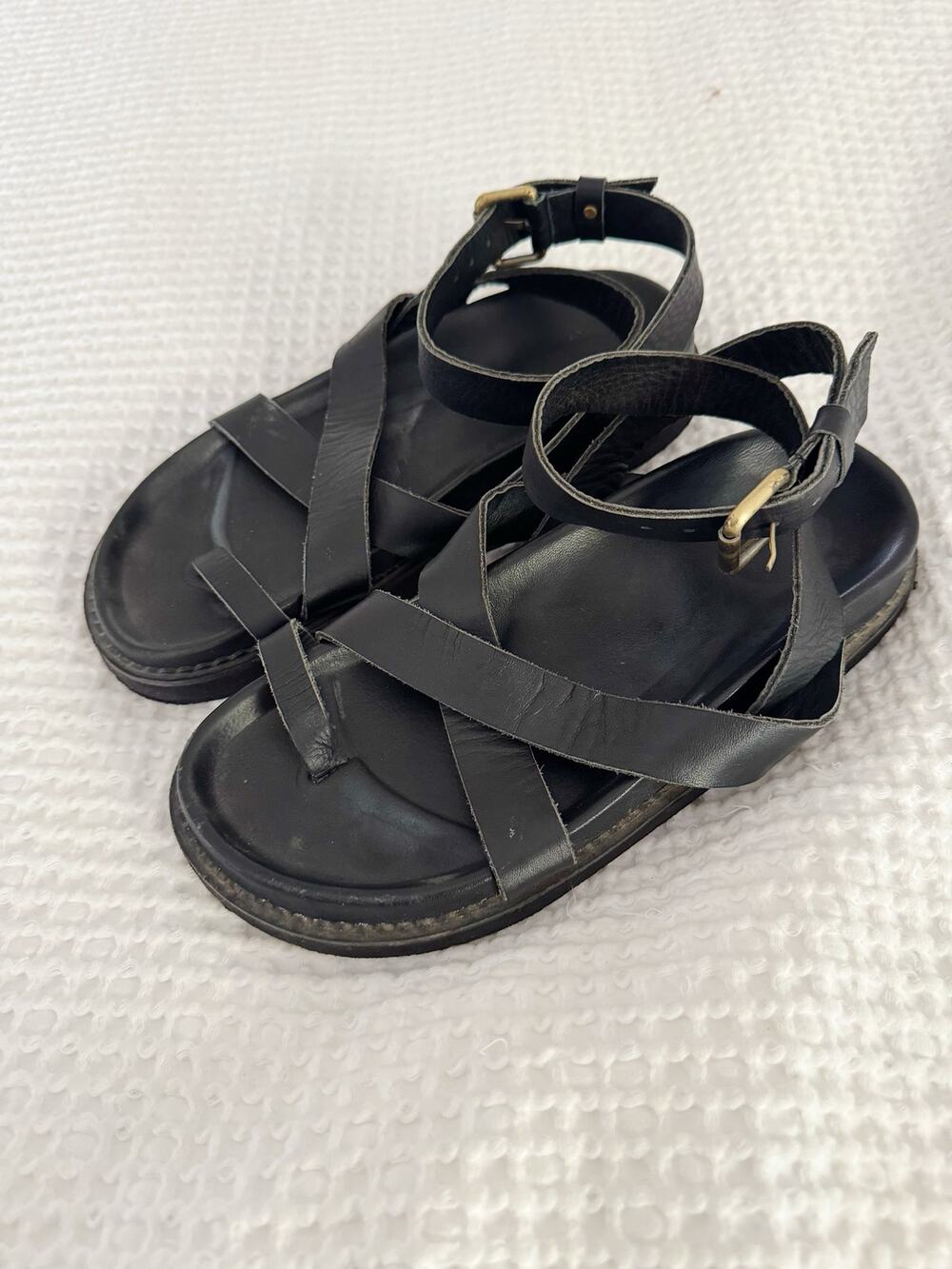 Black Strappy Ankle Strap Flat Sandals Size 7